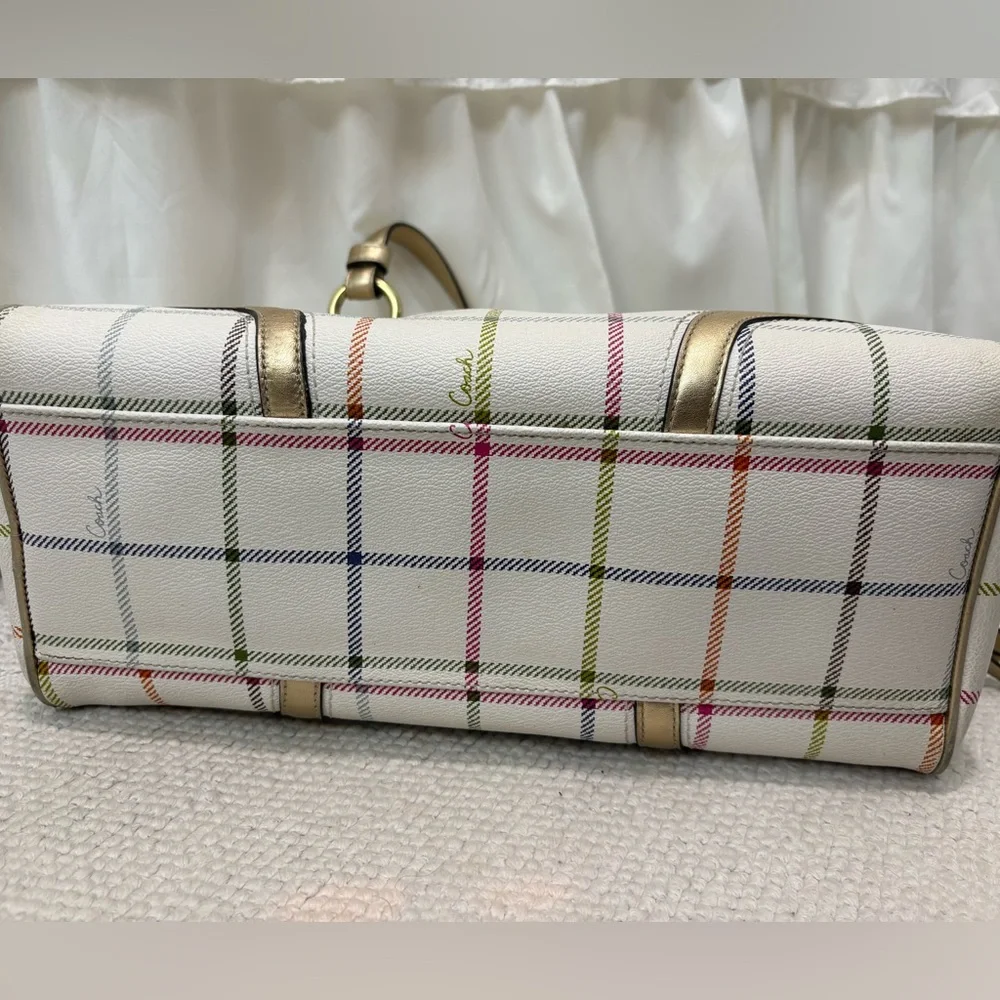 Coach F18837 Plaid Satchel Shoulder Bag White & Gold Metallic Trim